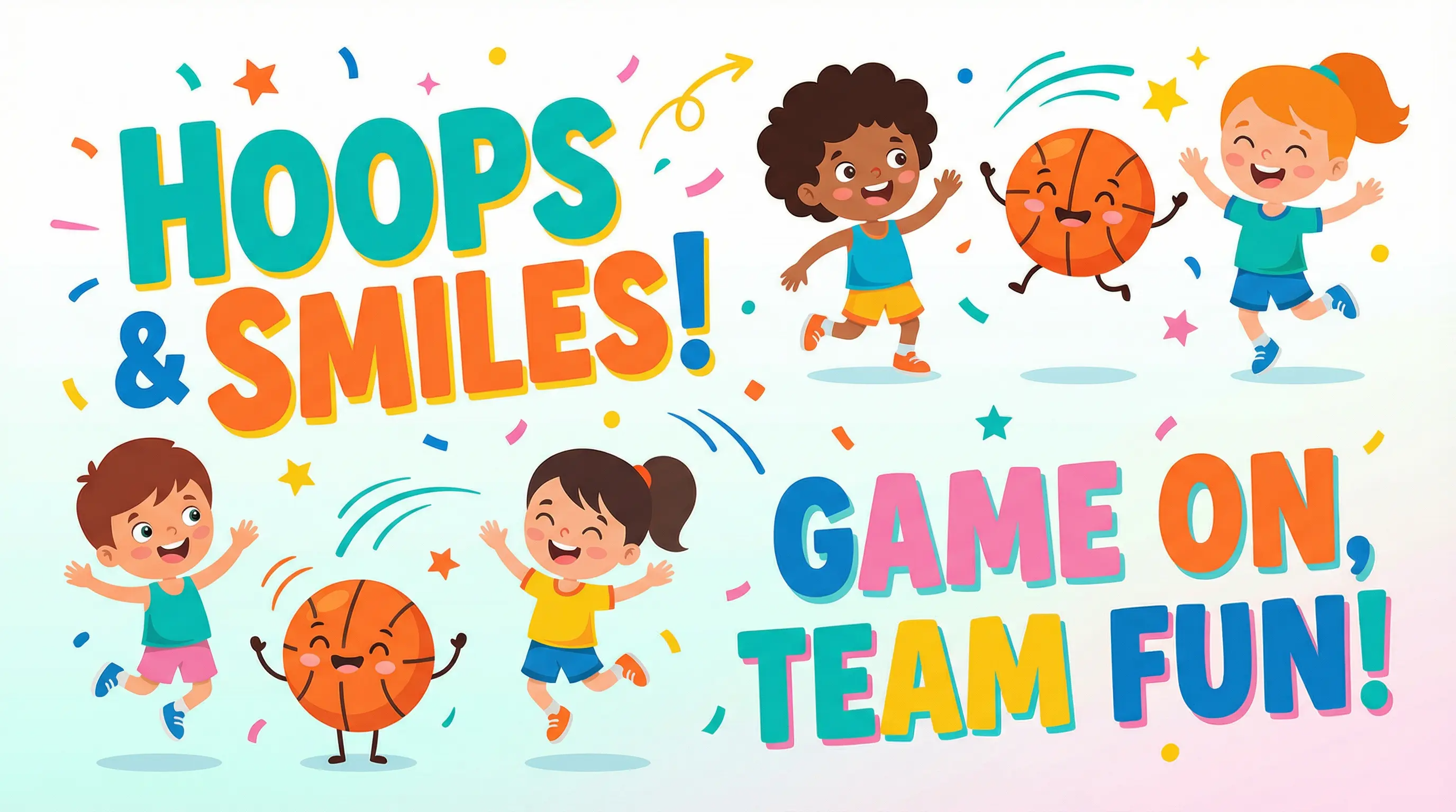 Cute basketball poster with playful fan characters