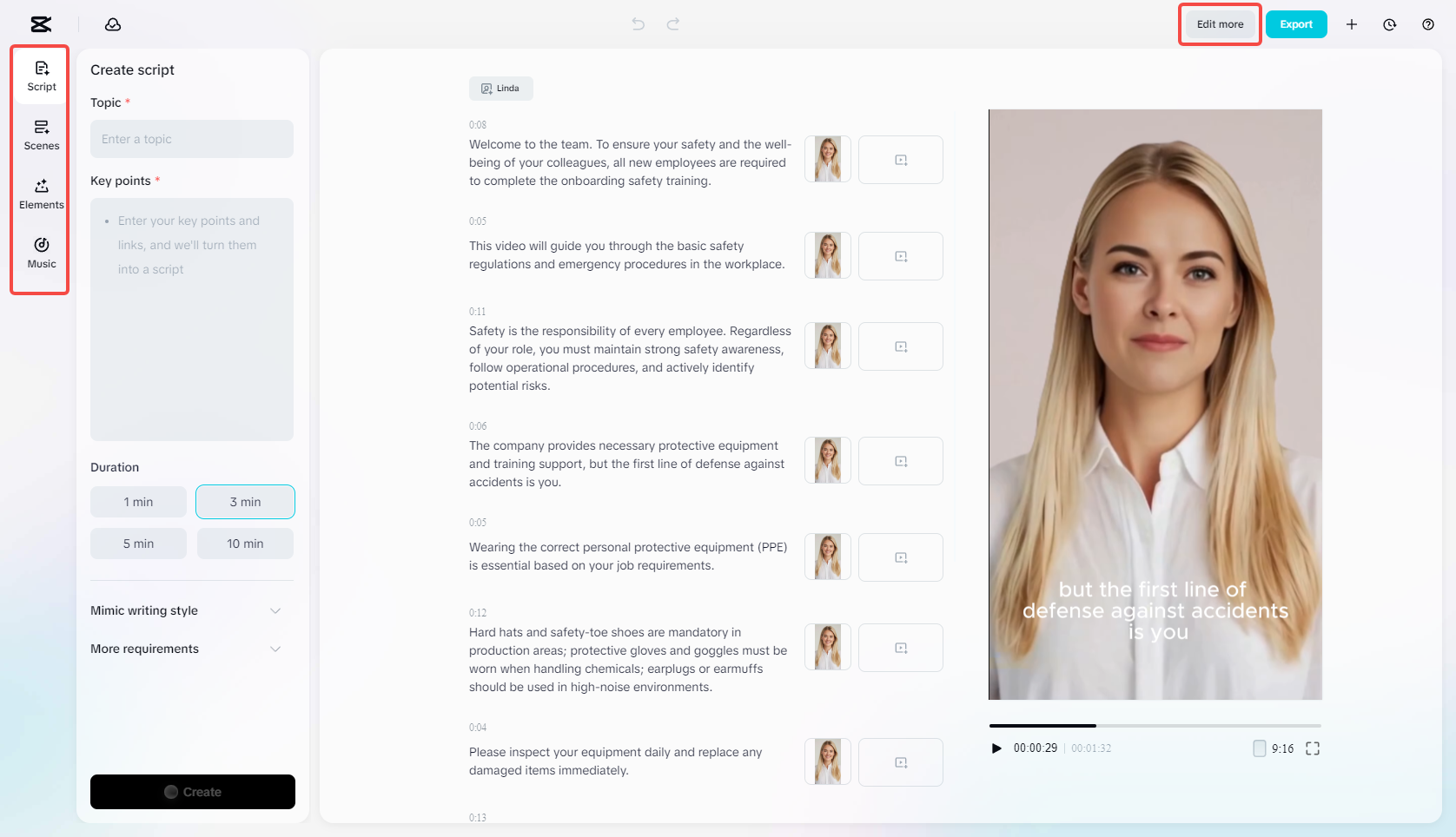 Edit the generated training video with different features