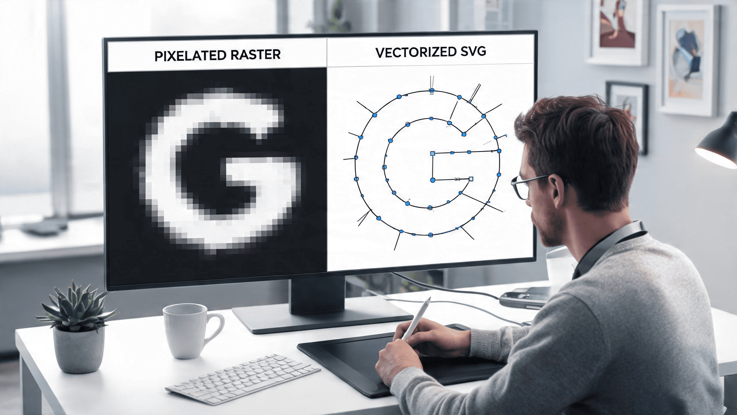 Nhà thiết kế chuyển đổi hình ảnh raster có pixel thành đồ họa vector rõ ràng với các đường dẫn mượt mà và tác phẩm nghệ thuật SVG có thể mở rộng.