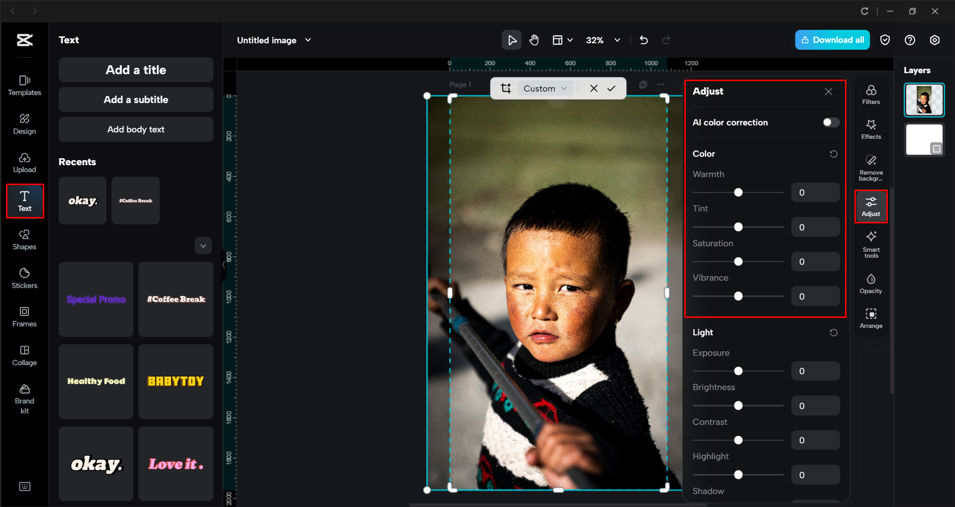 Přizpůsobení obrazu pomocí editoru videa pro stolní počítače CapCut
