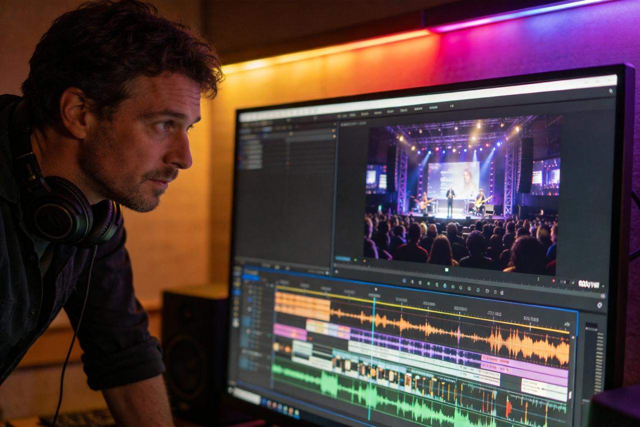 Video editor watching a concert recording on a monitor with audio waveforms