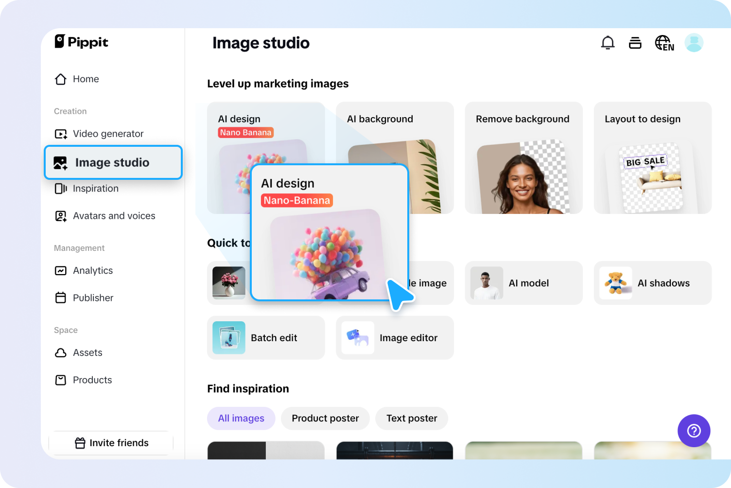 Opening AI design tool in Pippit