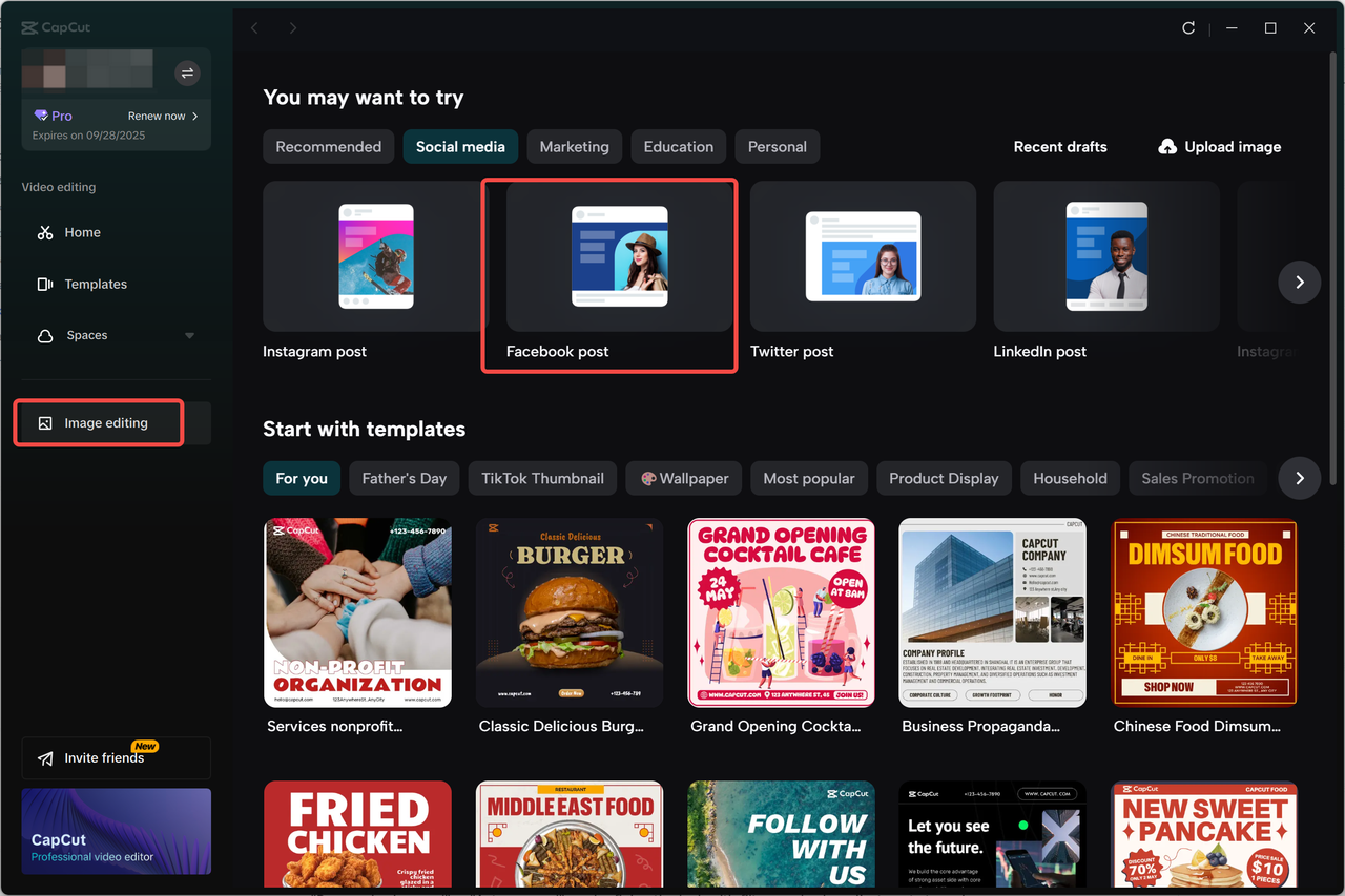 Choosing a Facebook ad template in the CapCut desktop video editor
