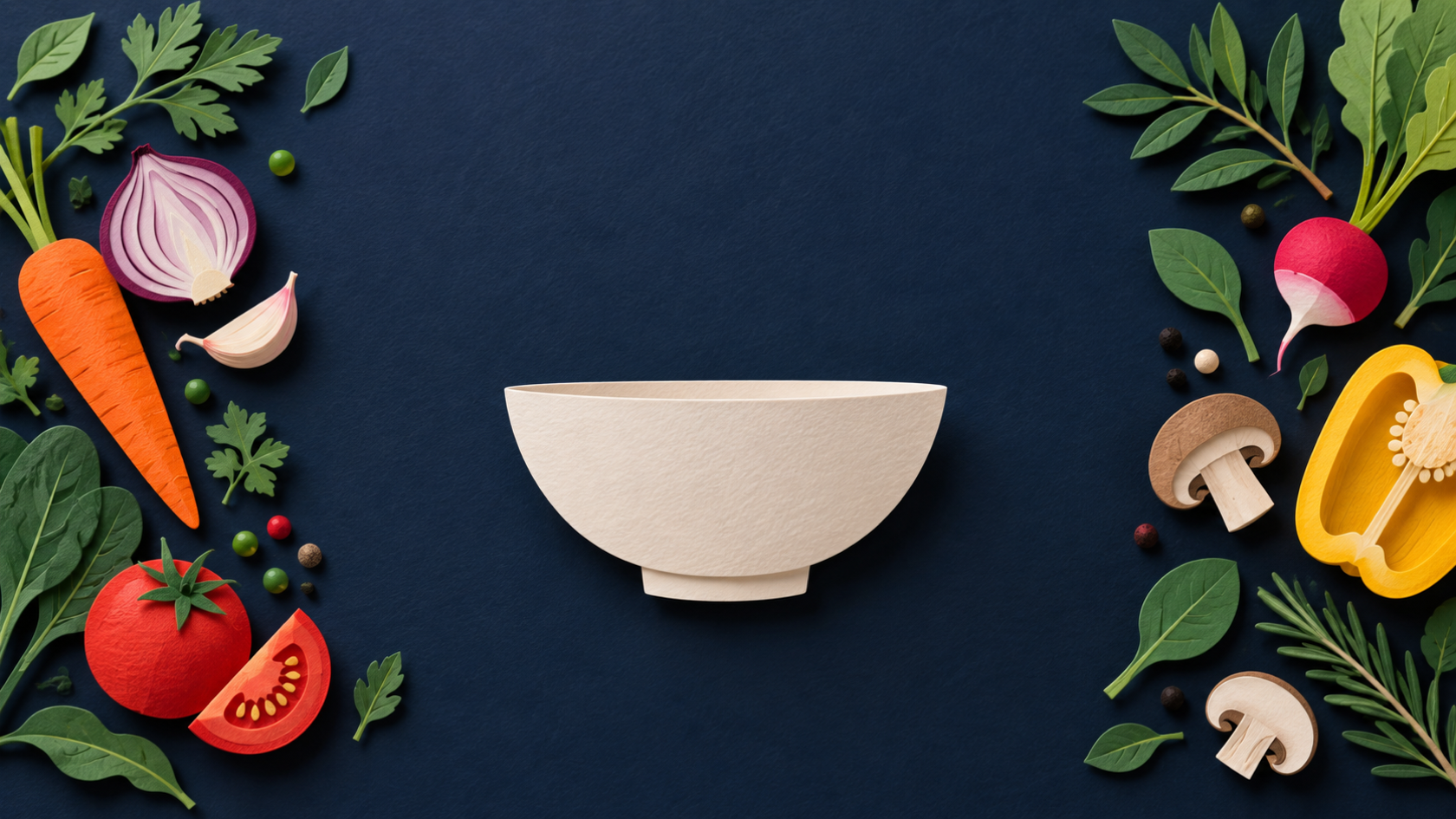 A paper-cut bowl composition keeping vegetables and leaves at the far edges of an uncluttered center