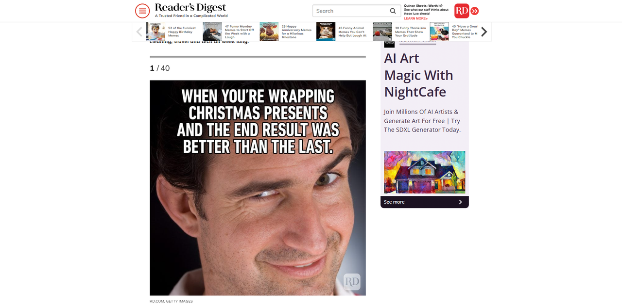 Interface of Reader's Digest - another place to find Christmas memes 