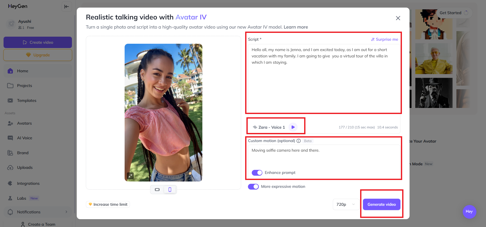 Choose avatar, script, and voice