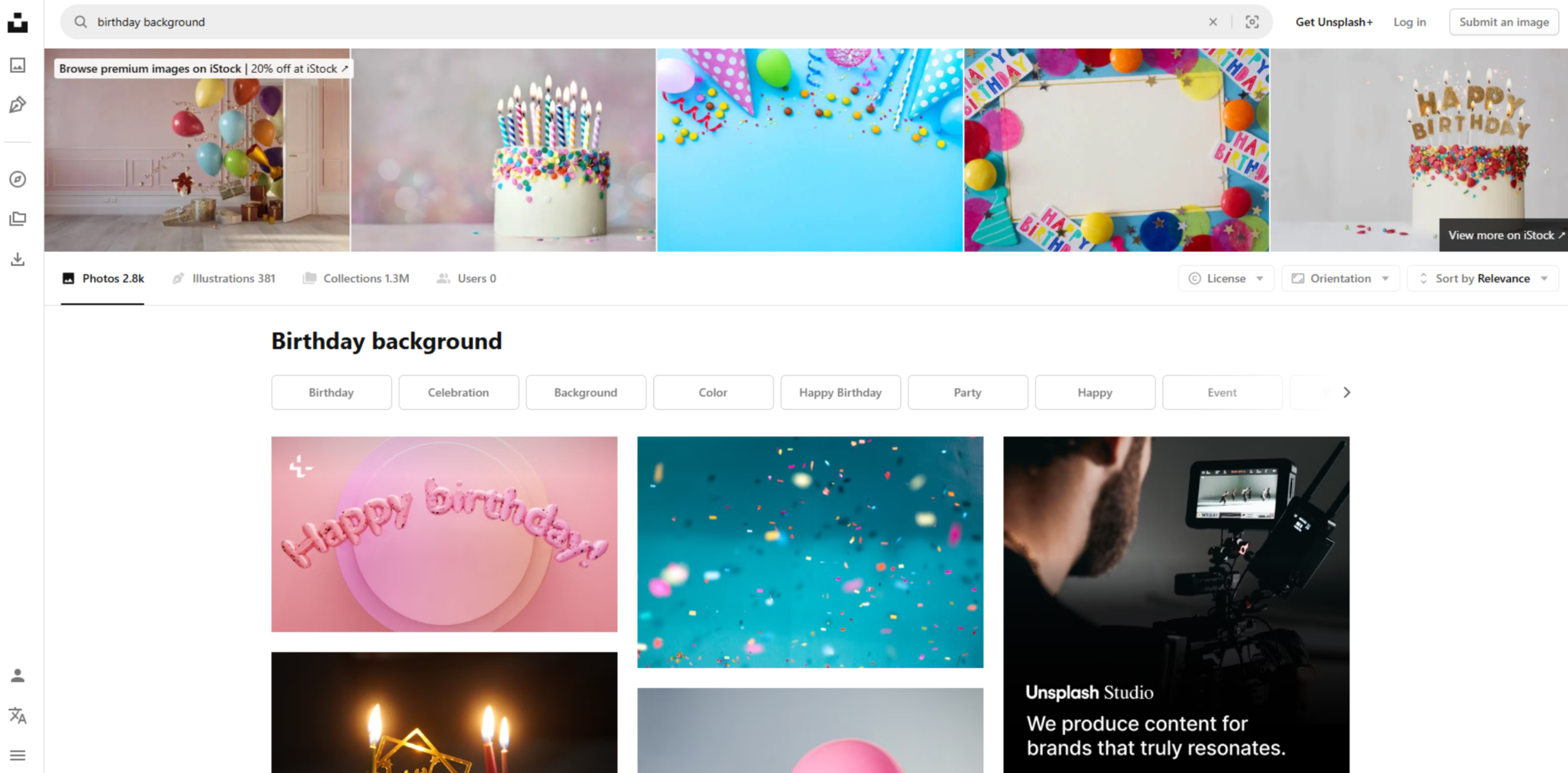 Interface do Unsplash - um site acessível para baixar fundo de aniversário