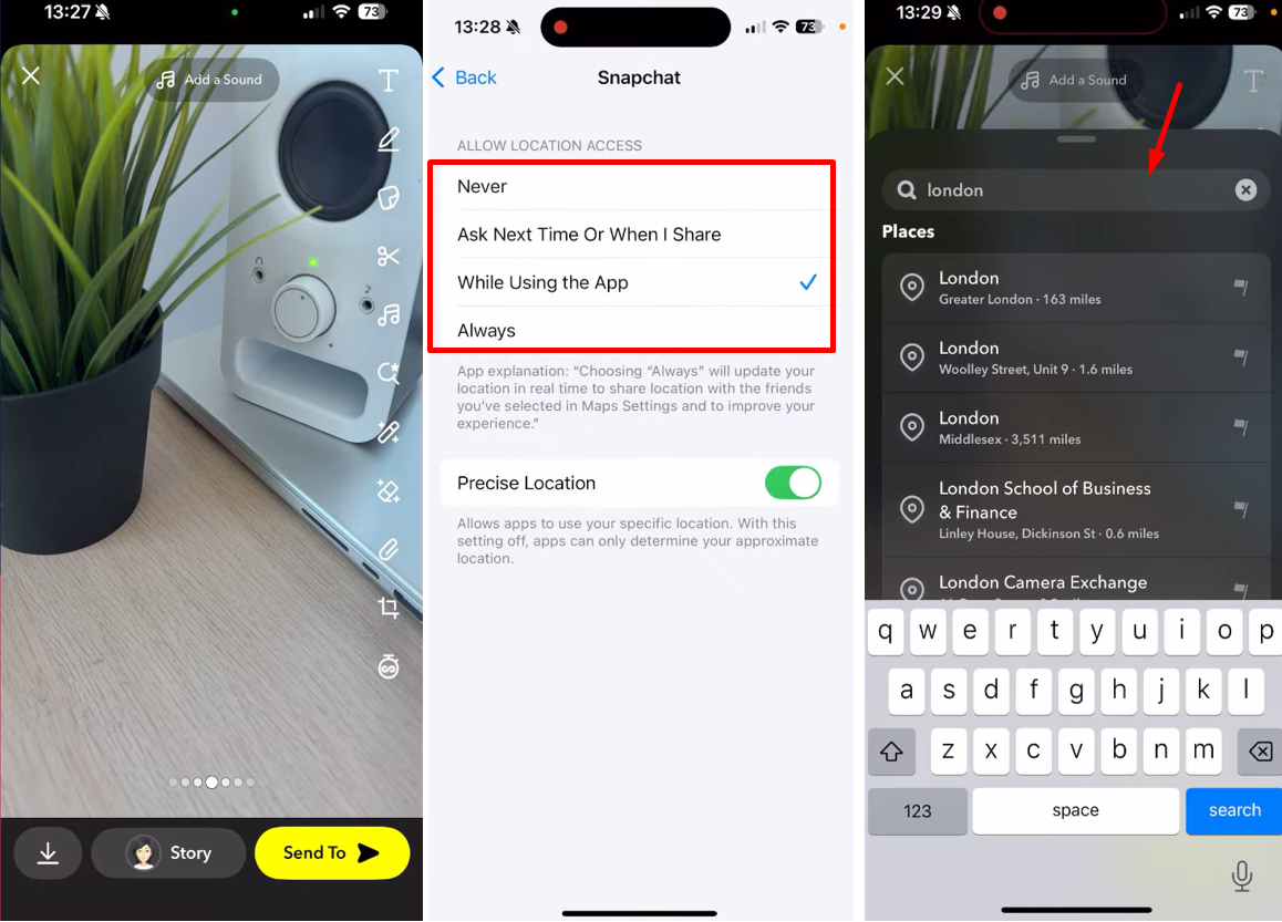 Obrázek ukazuje, jak přidat umístění do příběhu Snapchat