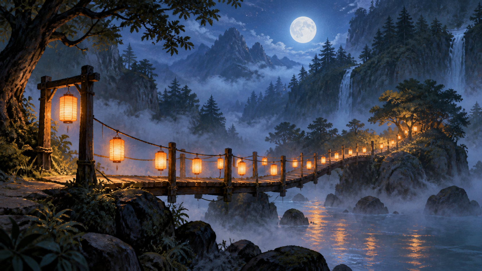 An original fantasy lantern bridge crossing a misty river at blue hour