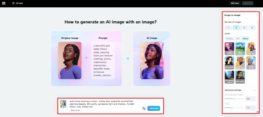 CapCut Image Generator UI with prompt, styles, and parameters visible