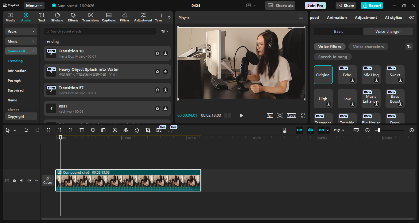 Interfața editorului video CapCut desktop - cel mai bun convertor text-vorbire podcast