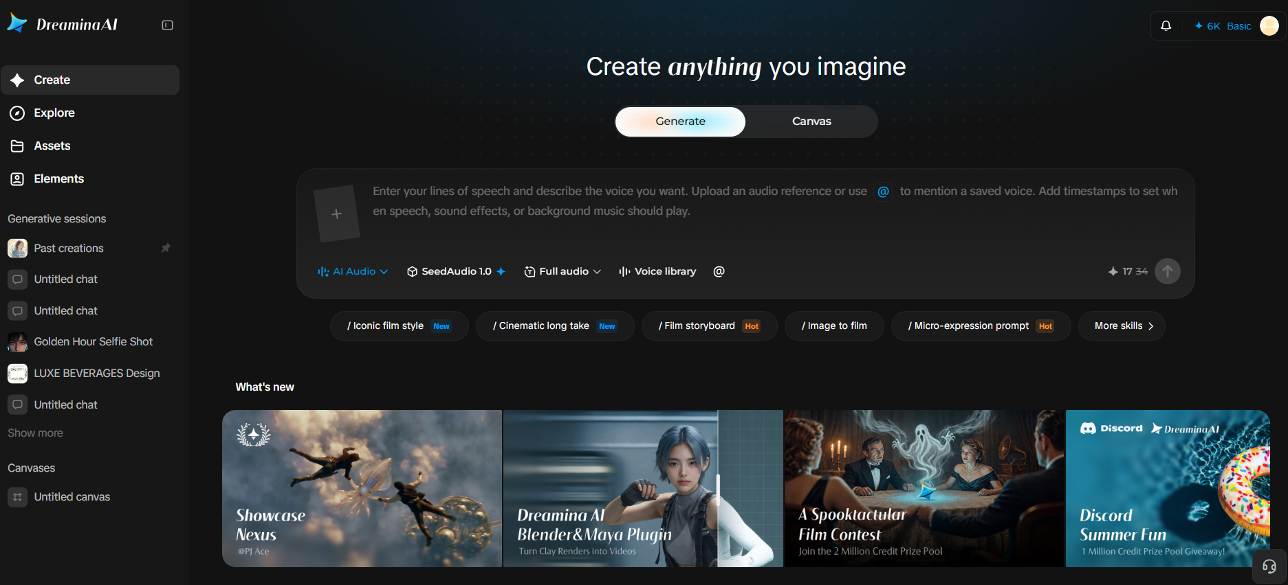 Open Dreamina and access the voice creation feature