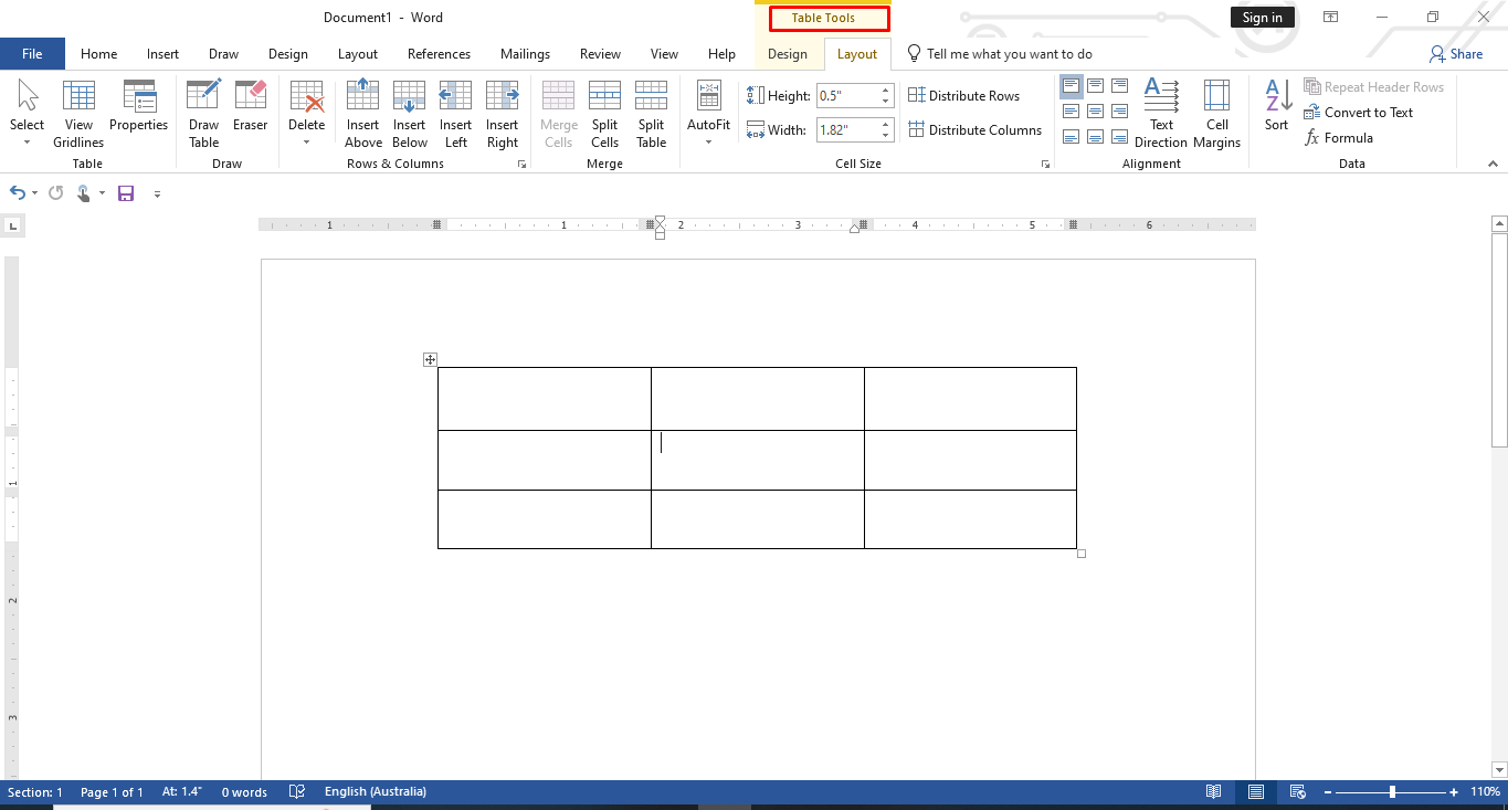 Select the table to word wrap in Word