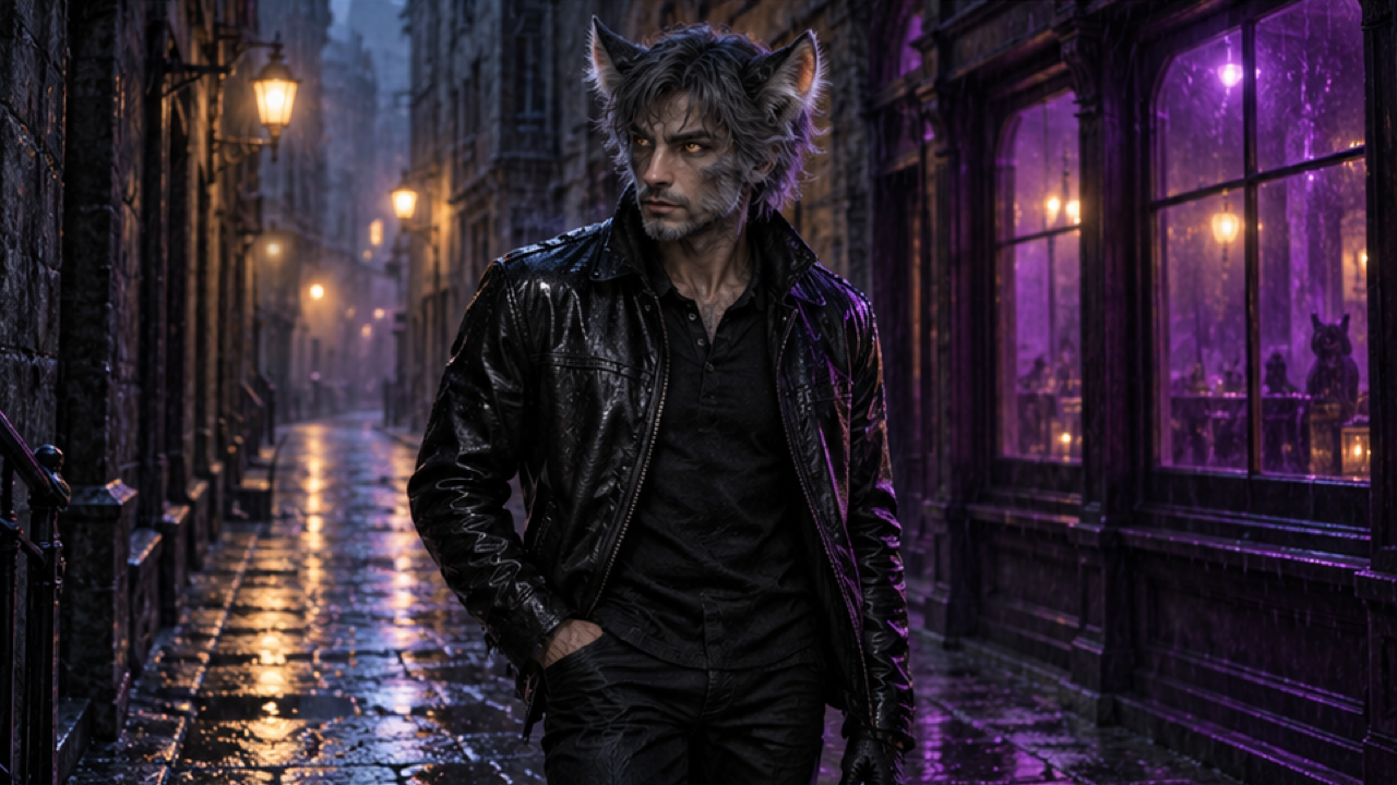 An adult in a leather jacket with a wolf-human face and amber eyes, wet cobbled alley, purple storefront glow without signs, cinematic rain reflections