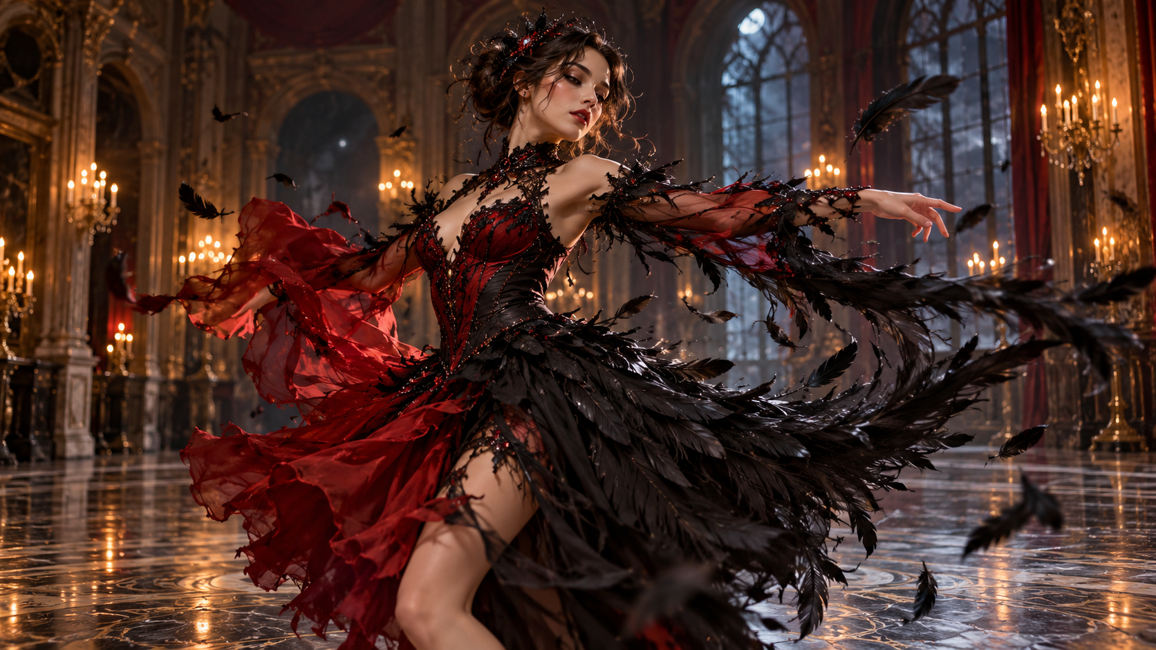 solo Halloween AI video: Adult Dancer in an Empty Ballroom Completing a