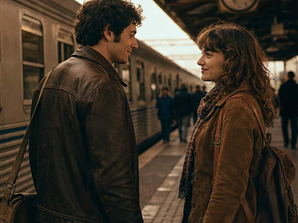 Retro-style Romantic Short Film prompt example 1 - Train-platform meeting