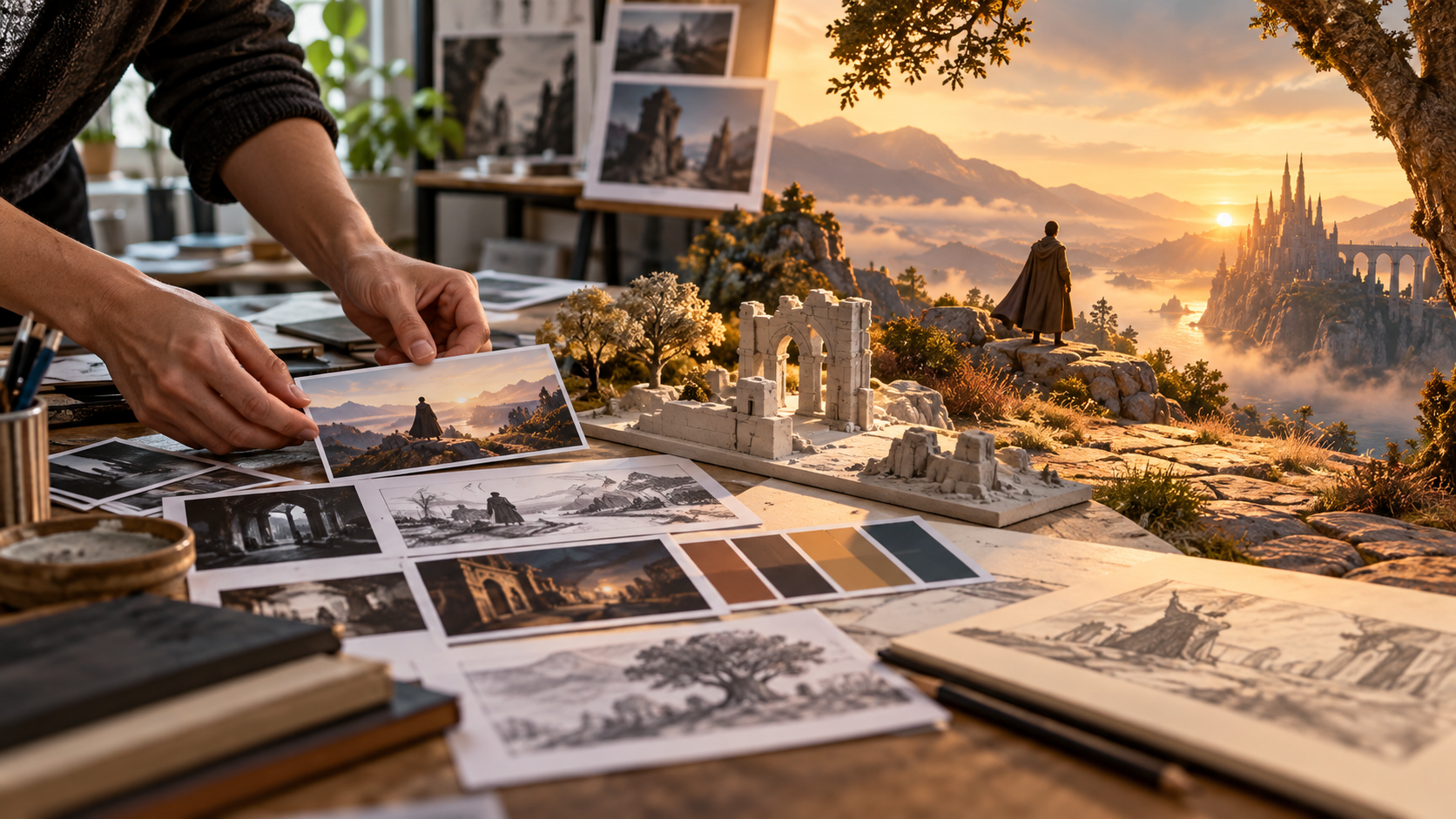 Storyboard cards and maquettes flowing into a finished cinematic landscape