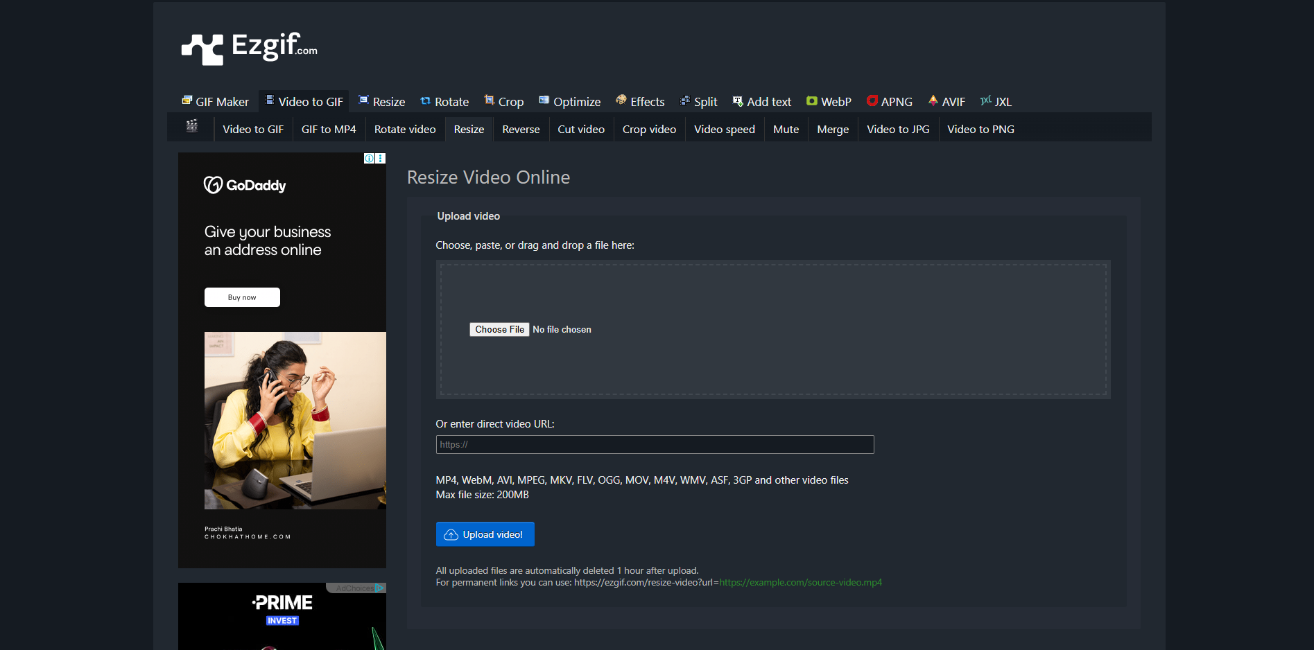 Interface of Ezgif - another free online video resizer