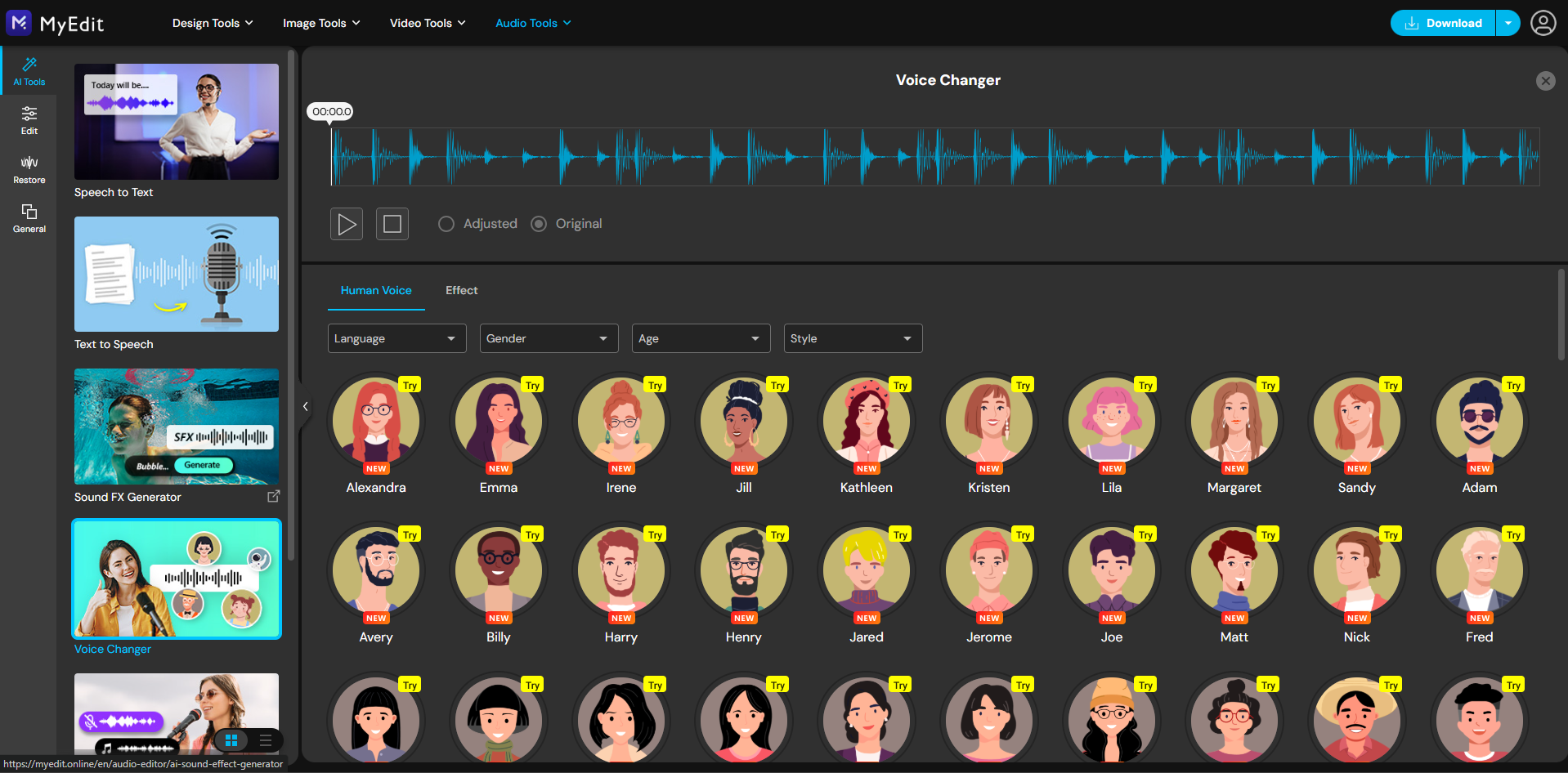Interface of MyEdit - another free online boy to girl voice changer