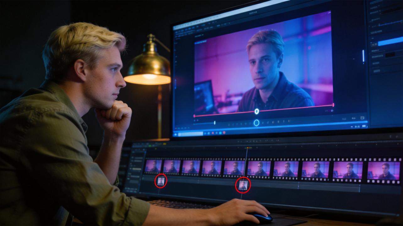 Video editor reviewing a clip on dual monitors with timeline thumbnails