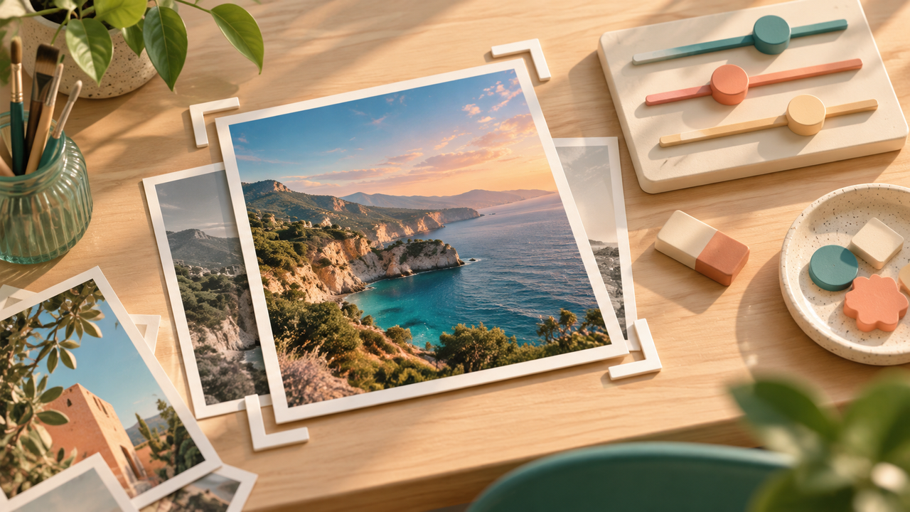 A landscape photograph with crop corners, an eraser and physical color controls