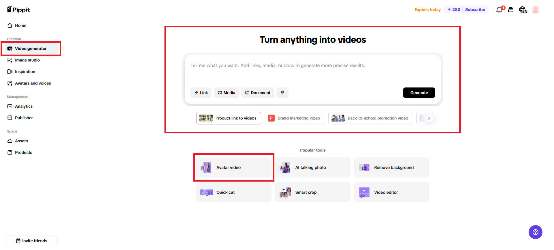 Access Pippit's video generator