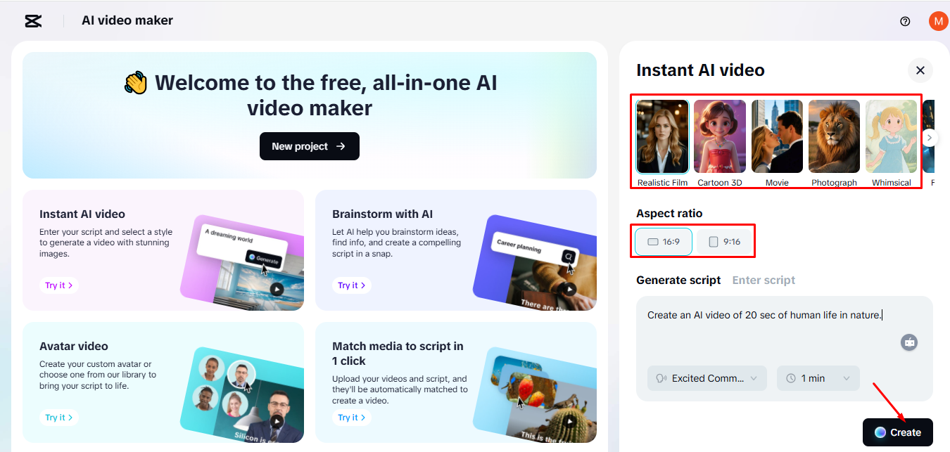 Writing the script using CapCut's AI video maker