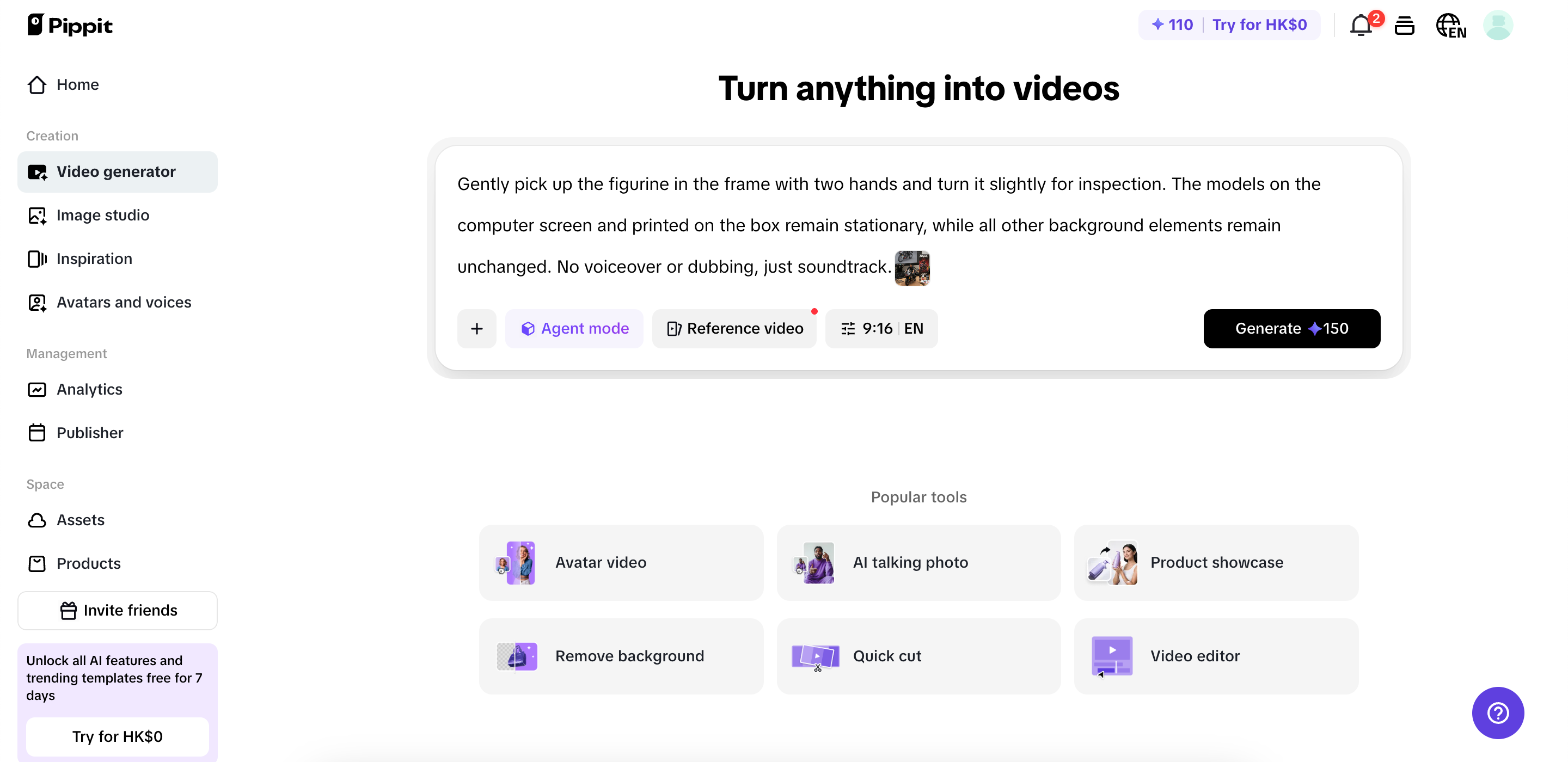 Generating video with Pippit