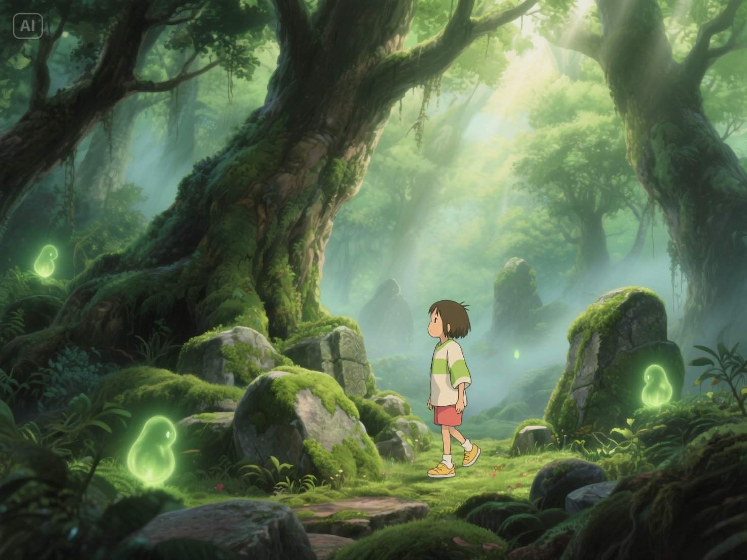 Bosque encantado escena con estudio ghibli ai generador de imágenes
