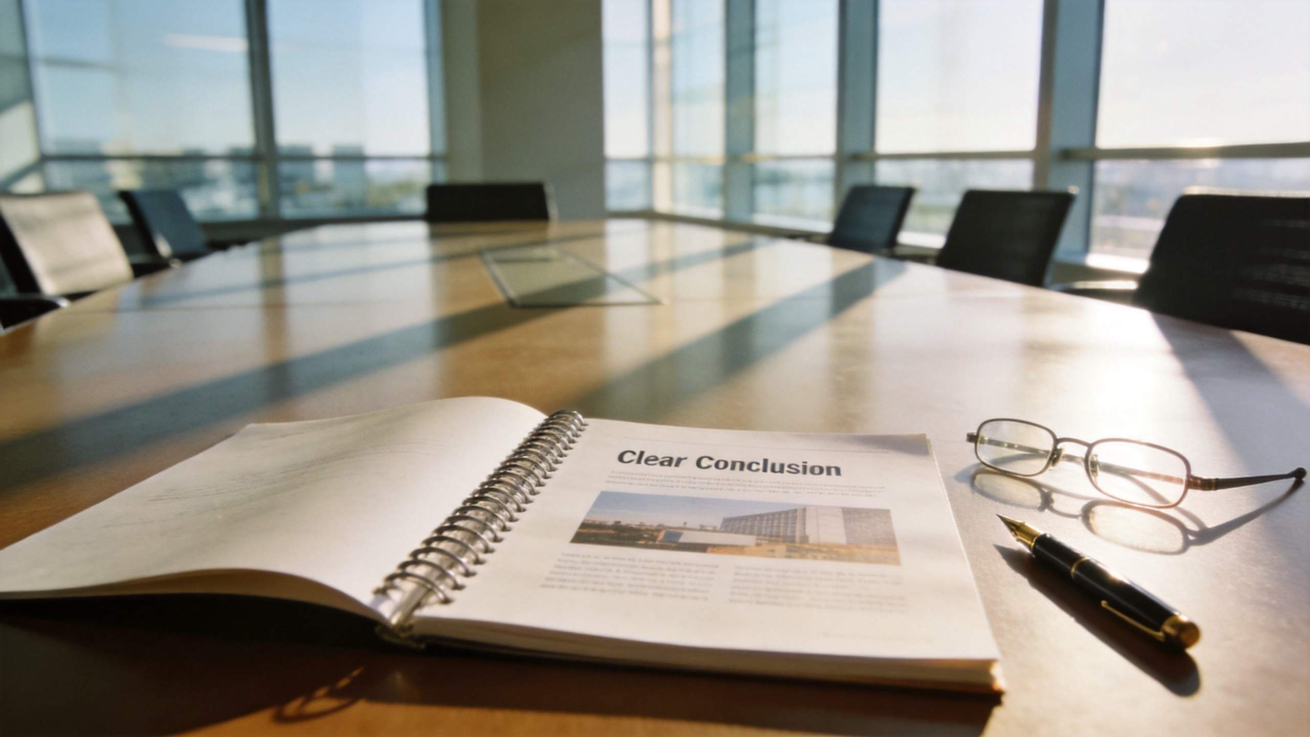 Open spiral notebook labeled Clear Conclusion on a conference table with glasses and a pen