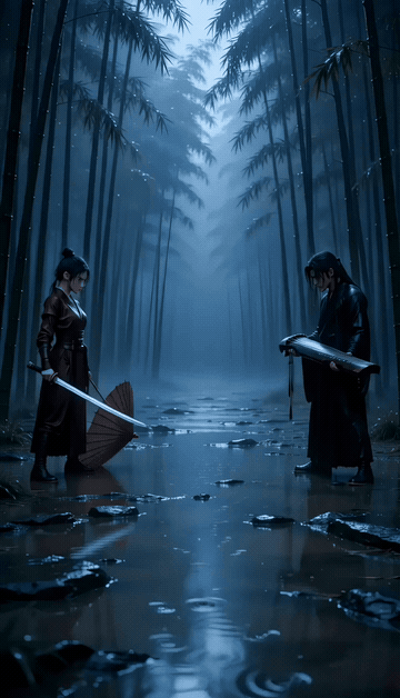 Animated sequence: separated standoff, umbrella motion, first sword-guqin clash and recoil.