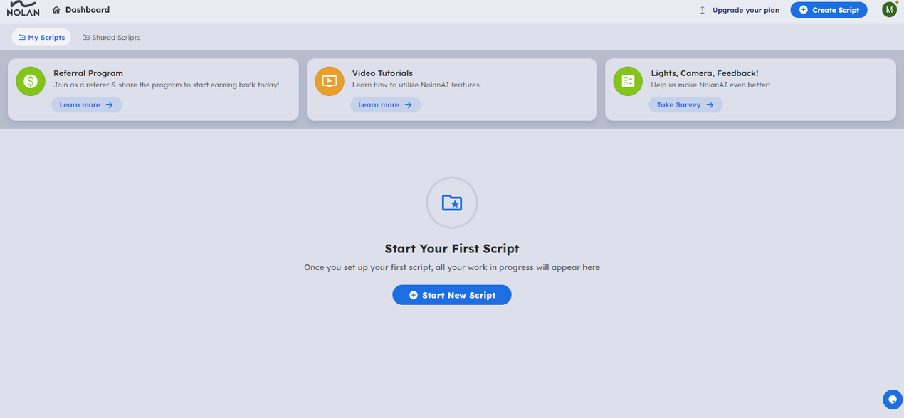 Screenshot of Nolan AI scriptwriting tool