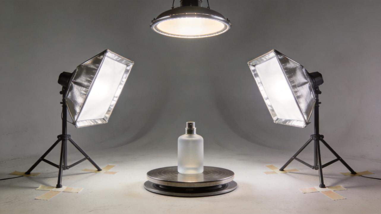 Product bottle on a turntable between two studio lights and an overhead lamp