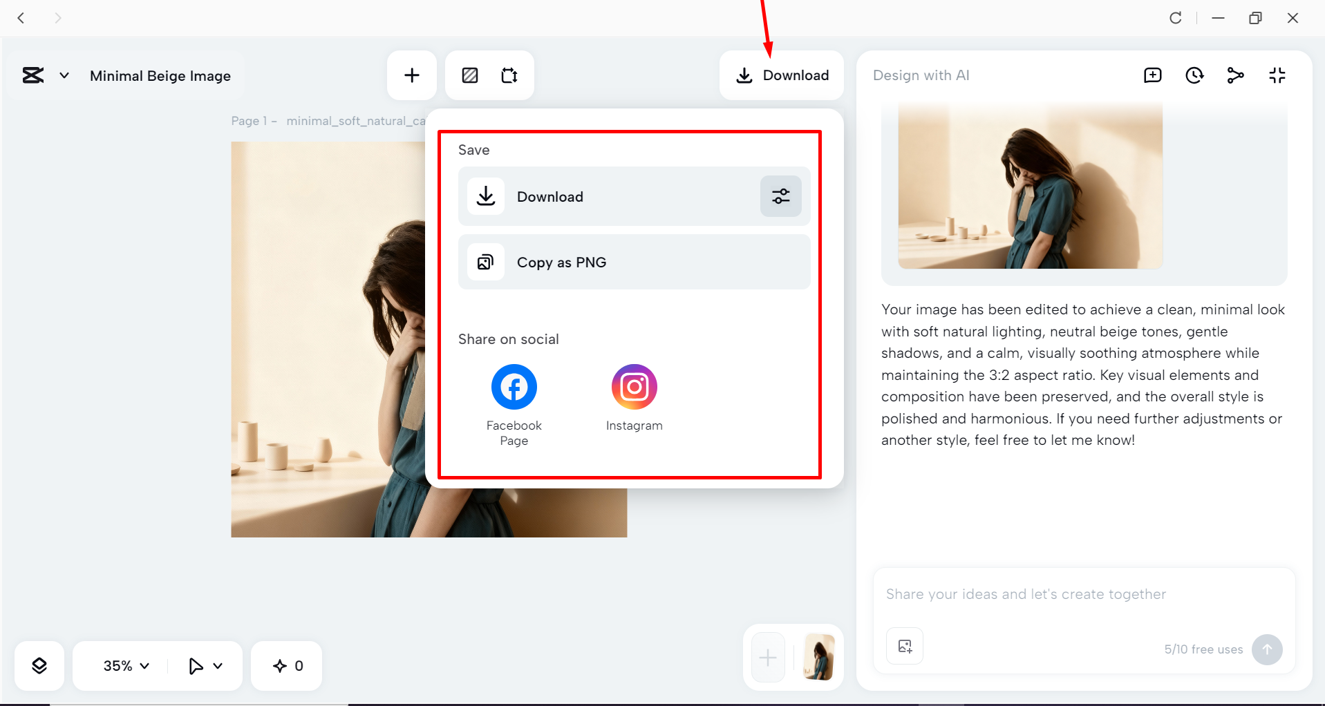 Downloading the image in the CapCut desktop video editor