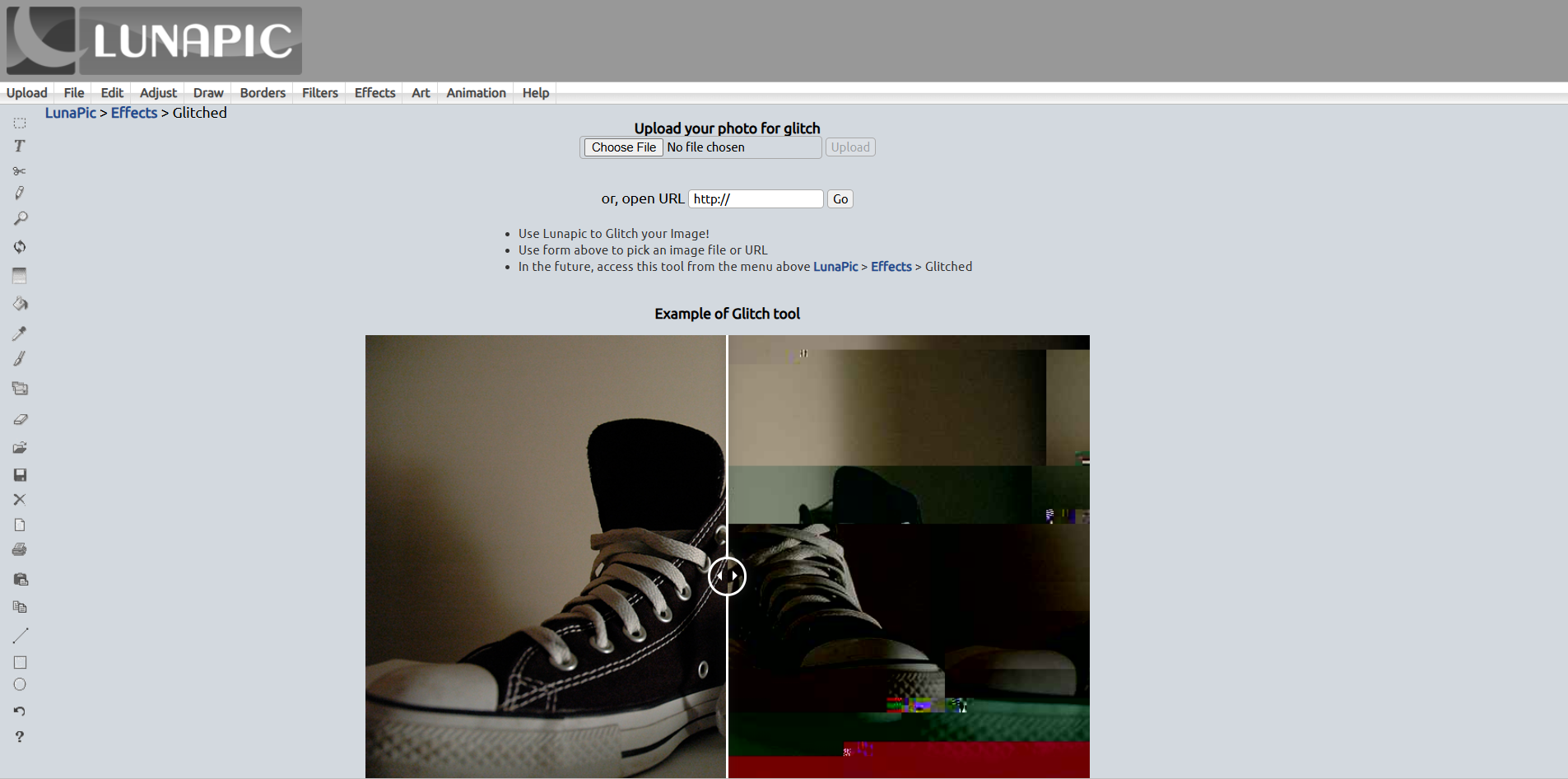 Interface of Lunapic - the perfect tool to edit glitch online