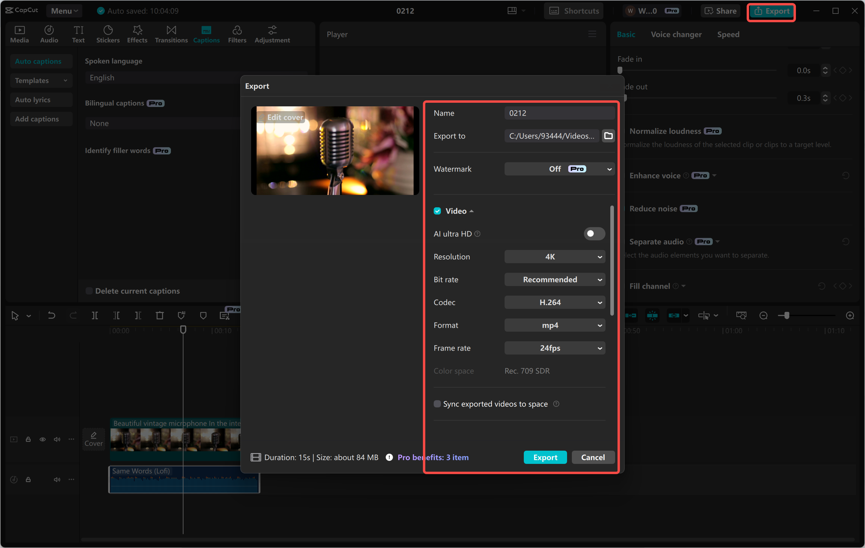 Exporting the recording from the CapCut desktop video editor