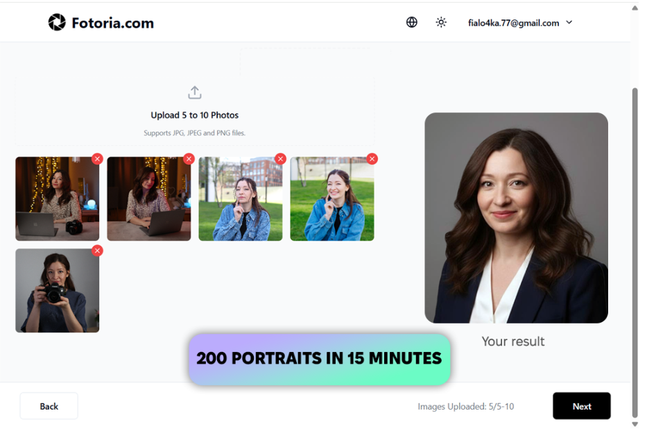 Interface of Fotoria - another tool for AI-generated headshots