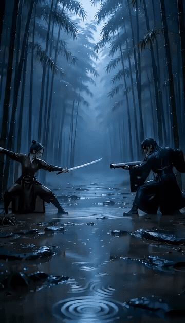 Animated three-beat sword and guqin exchange with full-body spacing.