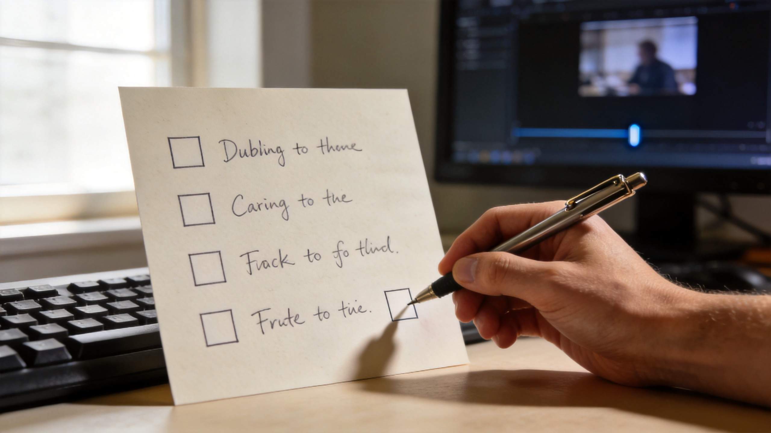 Hand checking a handwritten dubbing checklist beside a video editing screen