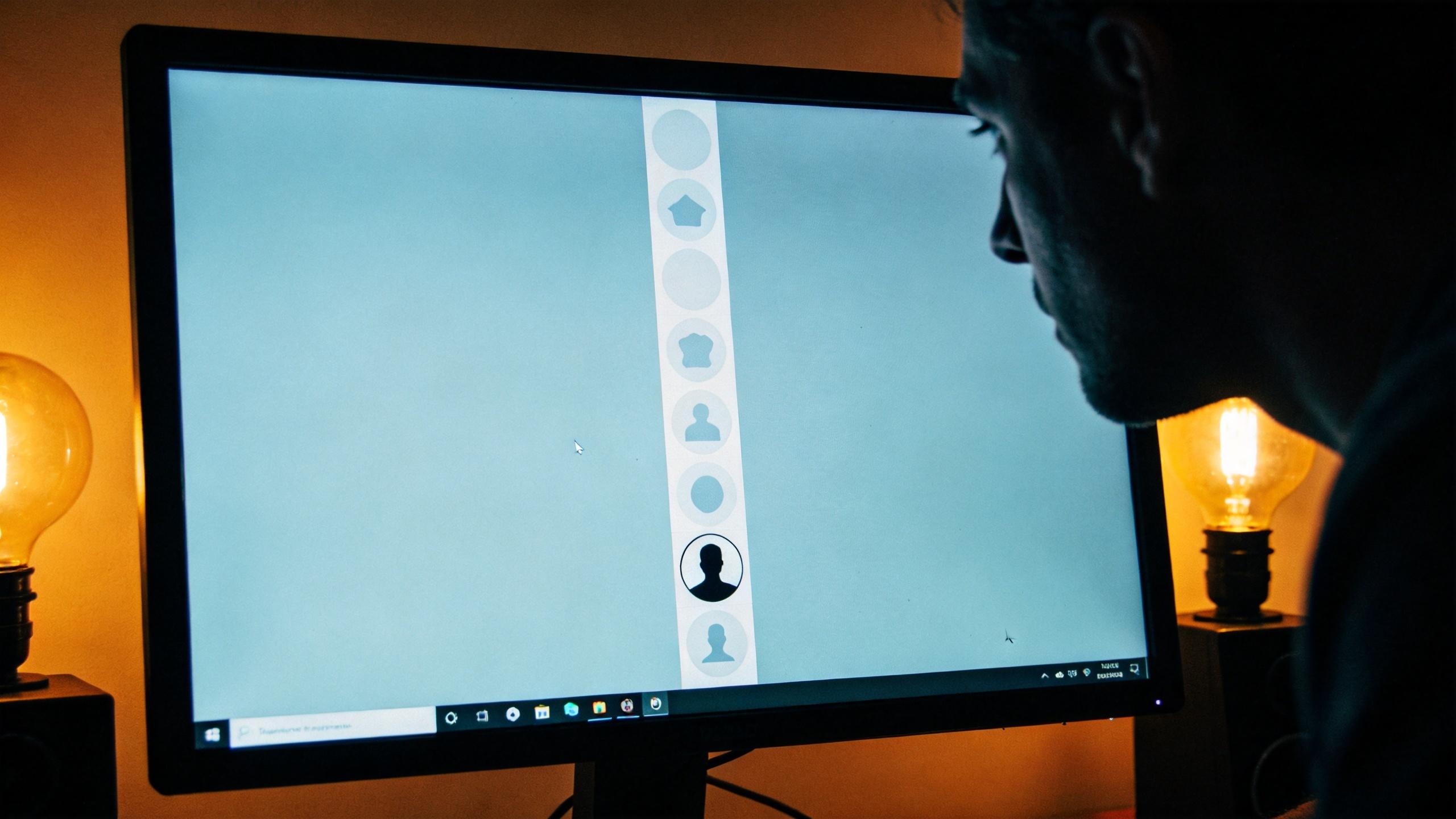 Person studies a monitor showing a vertical row of simple circular icons with one highlighted silhouette