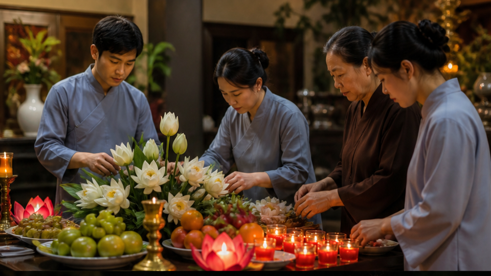 Vu Lan Festival Missing Mom prompt esempio 2 - Giardino del tempio tranquillo con incenso alla deriva