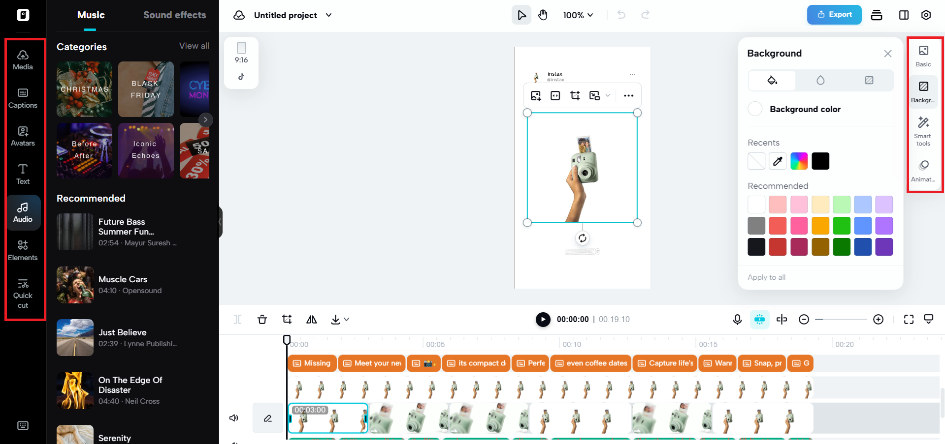 Editing options on either side of the canvas