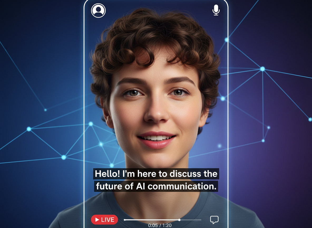 صورة متحدثة لشخصية AI مع مزامنة شفاه دقيقة، تعليق صوتي باللغة الإنجليزية، وترجمات صوتية بارزة على واجهة تشبه الهاتف المحمول.