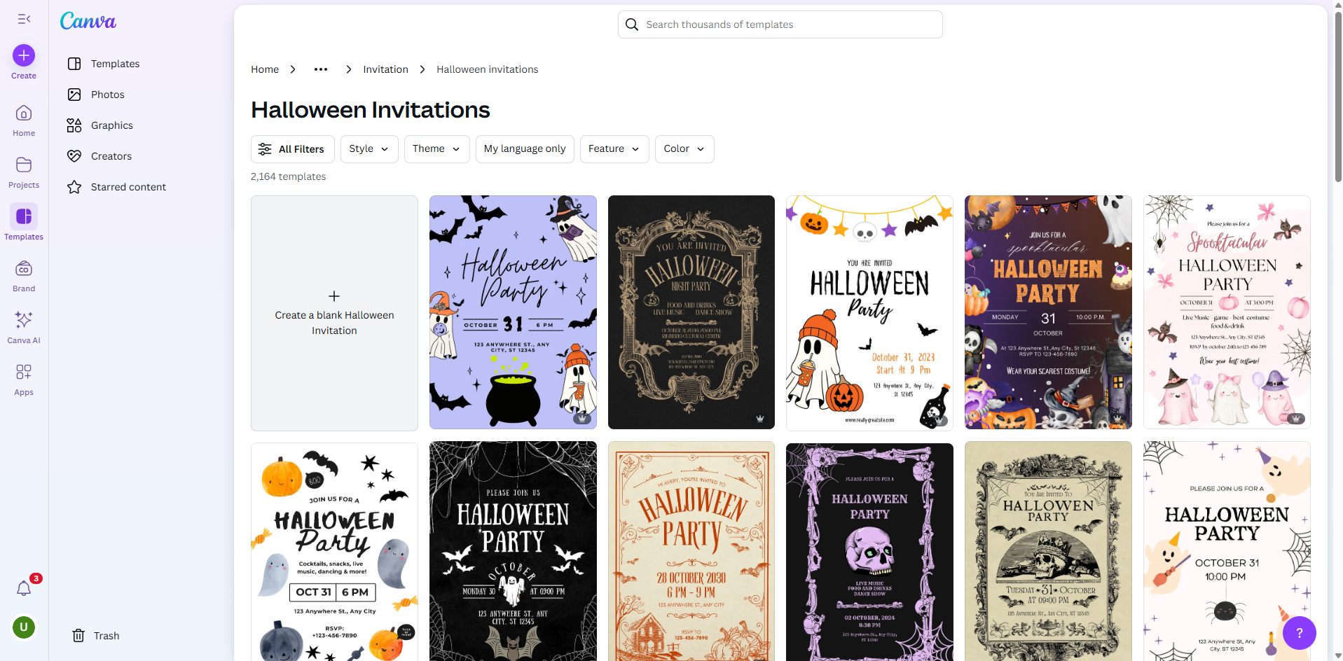 Interface of Canva - an efficient tool to customize Halloween invitation template