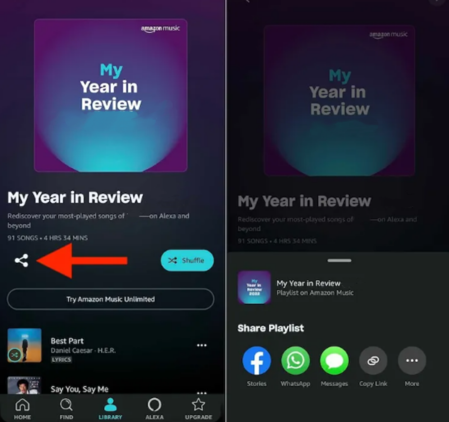 Freigabe von Wiedergabelisten von Amazon Music Wrapped auf einem Handy