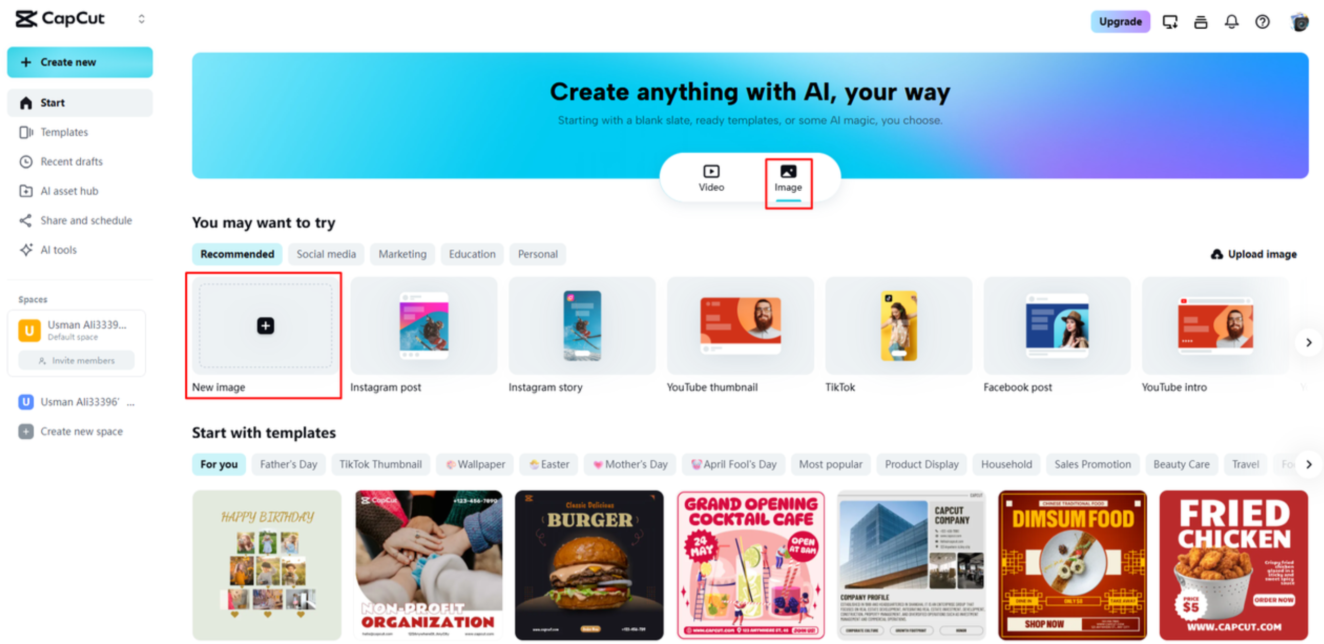 Uploading an image to CapCut Web
