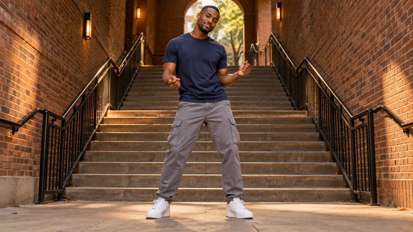 Original adult performer in navy and gray on a warm brick stairwell landing