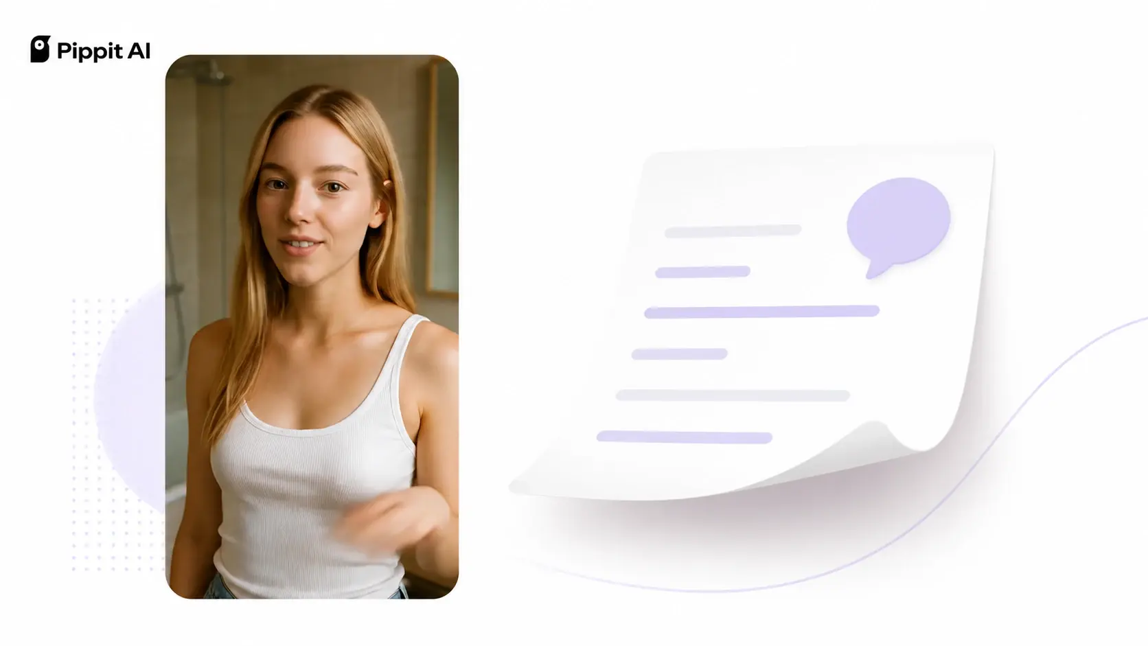 Woman in a white tank top beside a document icon with a speech bubble