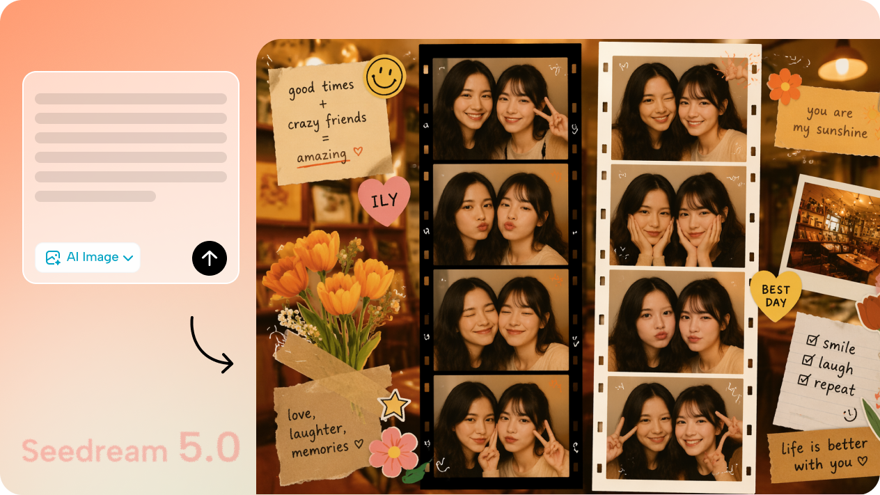 Generate themed photo booth strips from text descriptions