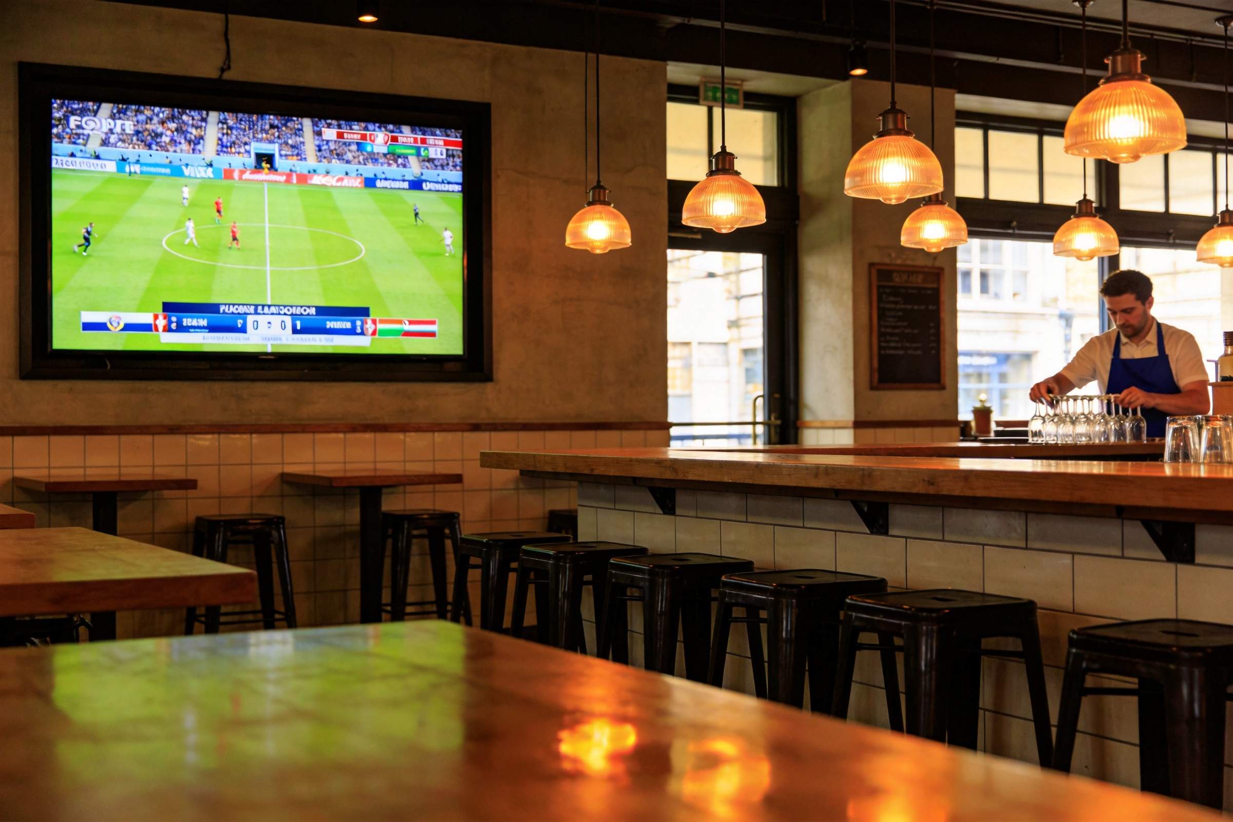 Empty restaurant bar with a soccer match on TV and a bartender setting glasses